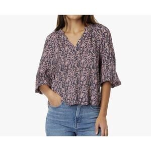 Faherty Portia Top Womens Large Blue Purple Fiona Block Print ECOVERO Blouse NWT